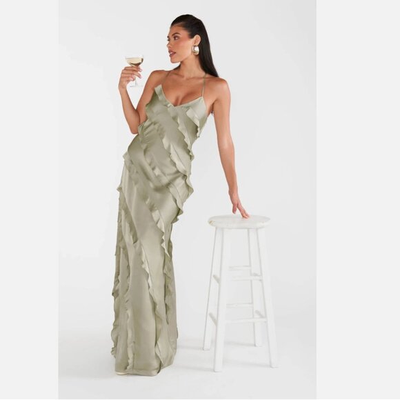 Show Me Your Mumu Romance Ruffle Dress Moss Green Luxe Satin XXL - Picture 1 of 7